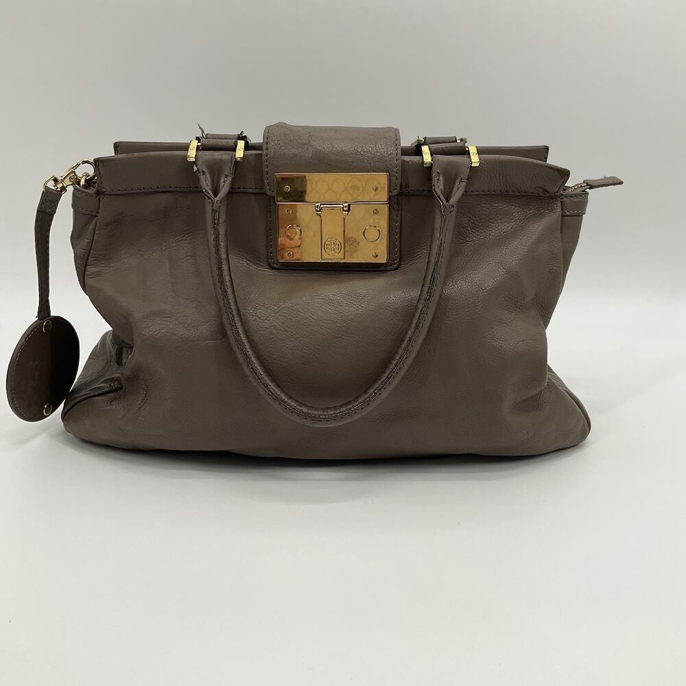 Tory Burch Holland Pebbled Leather Satchel Taupe Gray Quiet Luxury Top Handle